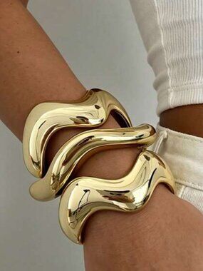 Set of 3 Smooth Gold-Tone Metal Surface Irregular Wave Stacked Bracelet Cuffs